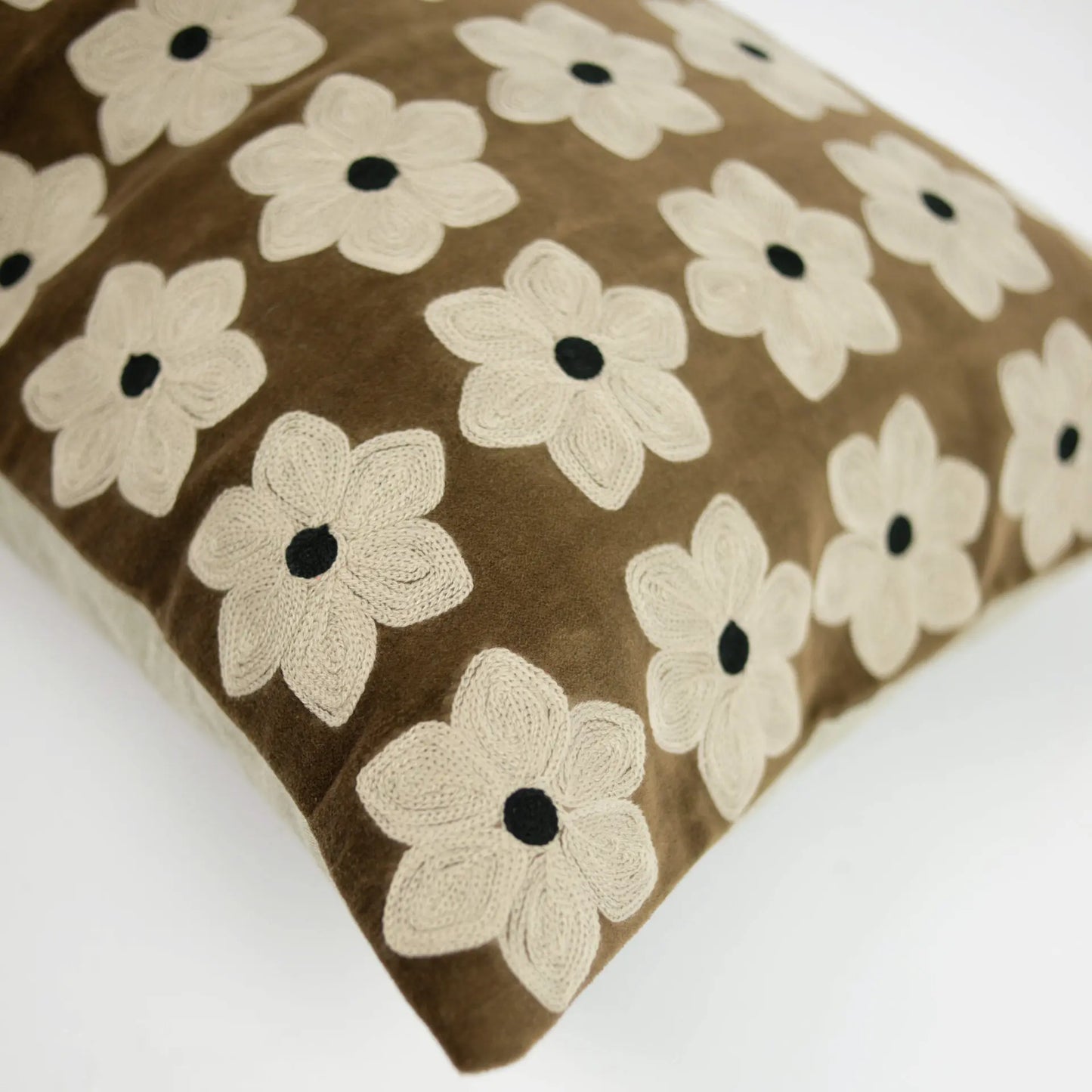 Brown Daisy Embroidered Decorative Cushion