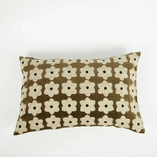 Brown Daisy Embroidered Decorative Cushion