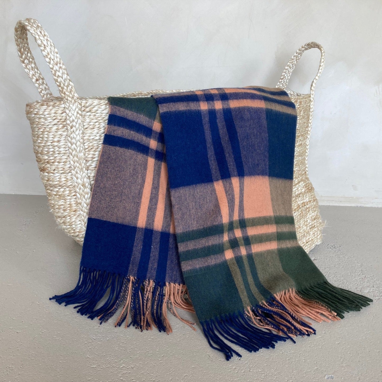 British Made Green & Orange Checked Wool Blanket