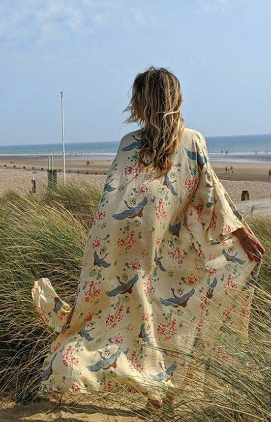 Golden Crane Bamboo Silk Kimono/Dressing Gown