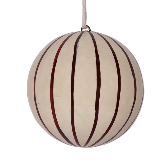 Fine Stripe Papier-Mâché Bauble 7cm, Chestnut on Natural