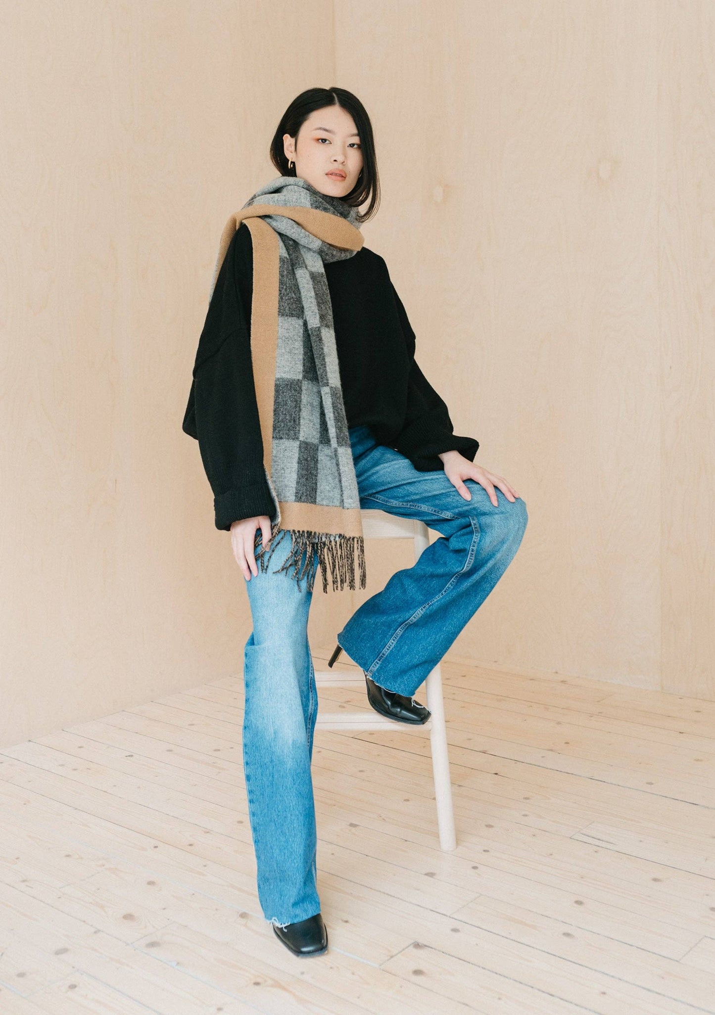 TBCo Lambswool Oversized Scarf in Checkerboard Jacquard