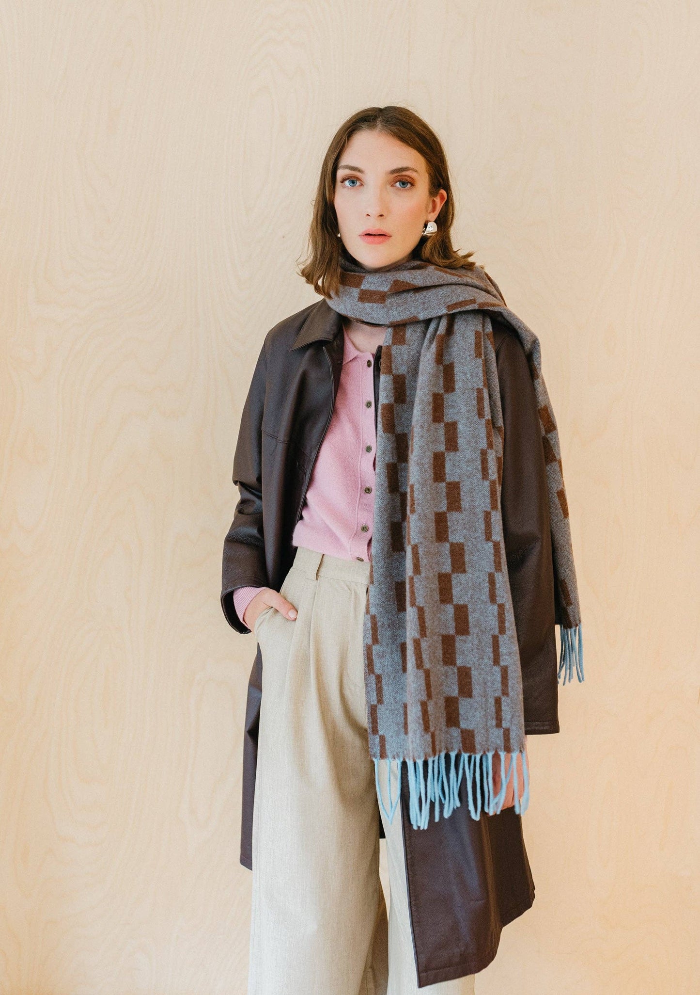 TBCo Lambswool Oversized Scarf in Blue Checker