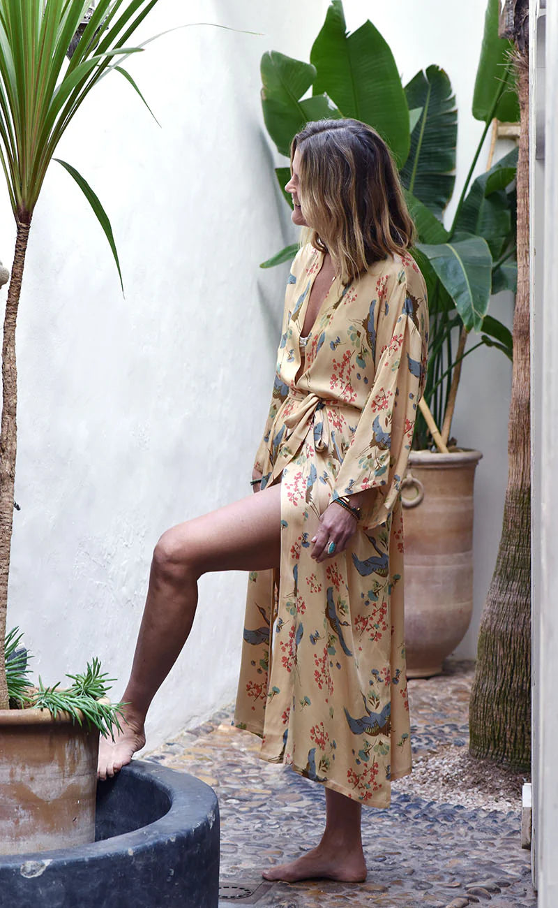 Golden Crane Bamboo Silk Kimono/Dressing Gown