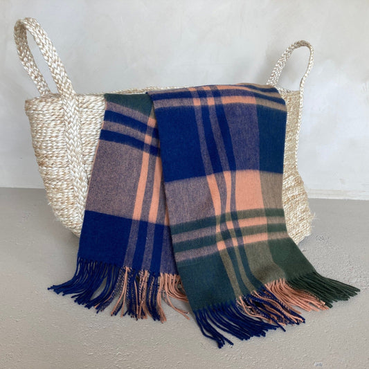 British Made Green & Orange Checked Wool Blanket
