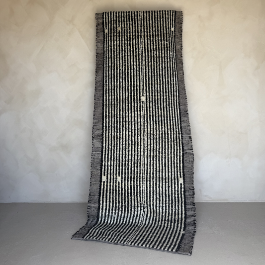 Black & Beige Handwoven Wool Striped Runner 296x87