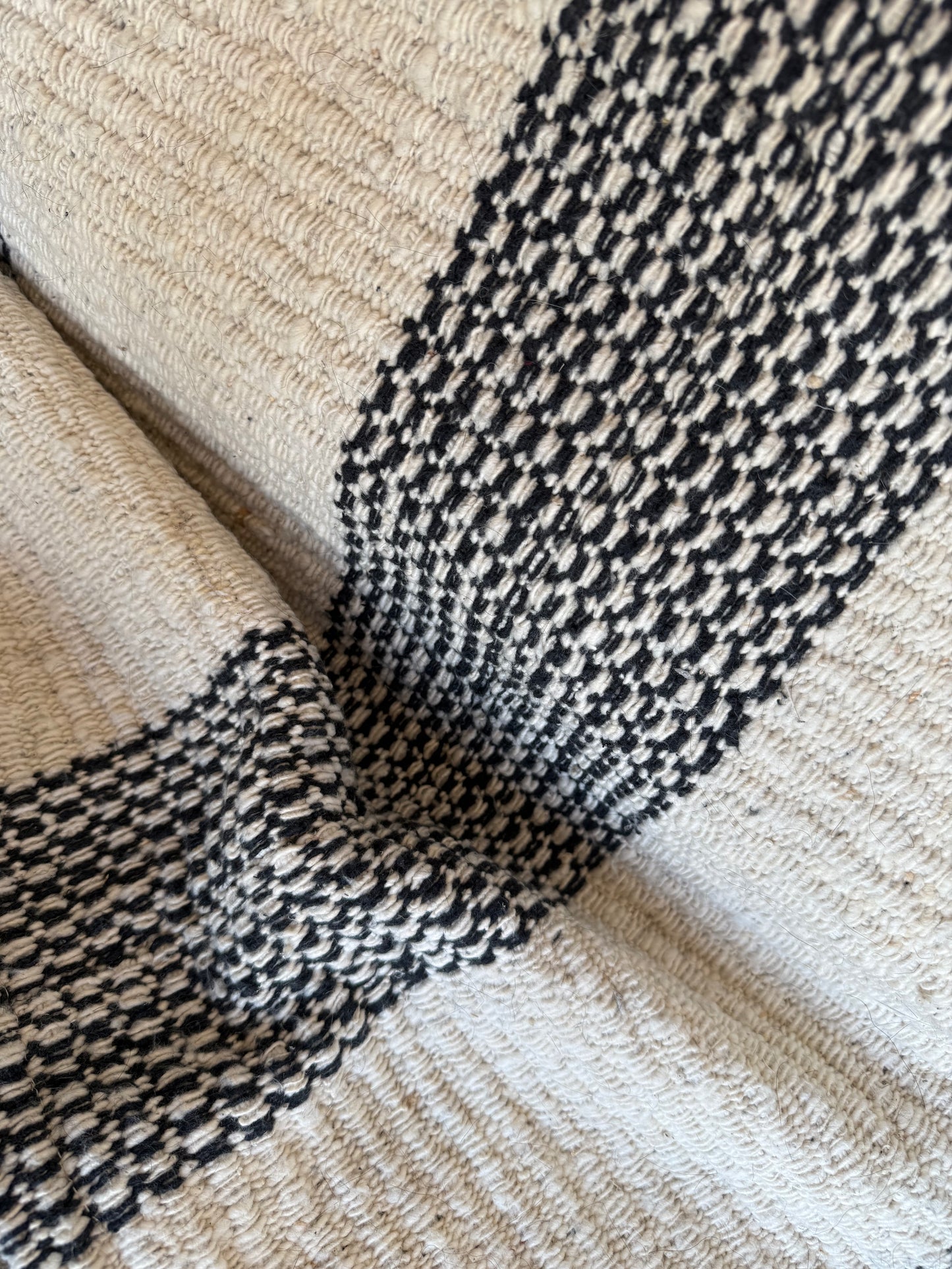 Black & Beige Handwoven Wool 3 Stripe Runner 235x75